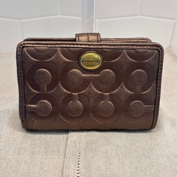 Coach Peyton Op Art Debossed Leather Medium Wallet - Bronze - Picture 1 of 6